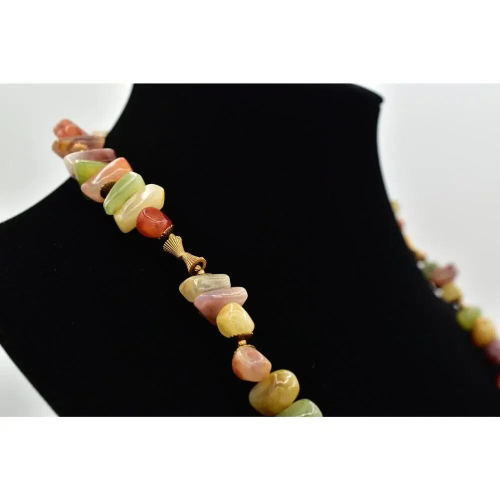 Miriam Haskell Lucite Stone Beaded Necklace Gold Green Orange Signed 1950s BinBN